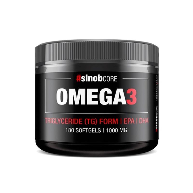 Schwarze Dose mit Omega 3-Kapseln. Aufschrift: OMEGA 3, #sinobCORE, 180 Softgels, Triglyceride (TG) Form, EPA, DHA.