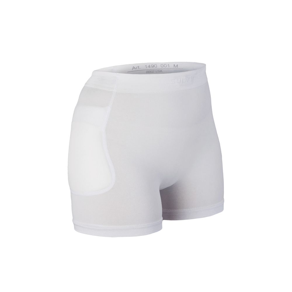 Weißer Hüftprotektor-Slip. Kurze Hose mit integrierten Protektoren an den Hüften. Art. 1490 001 M.