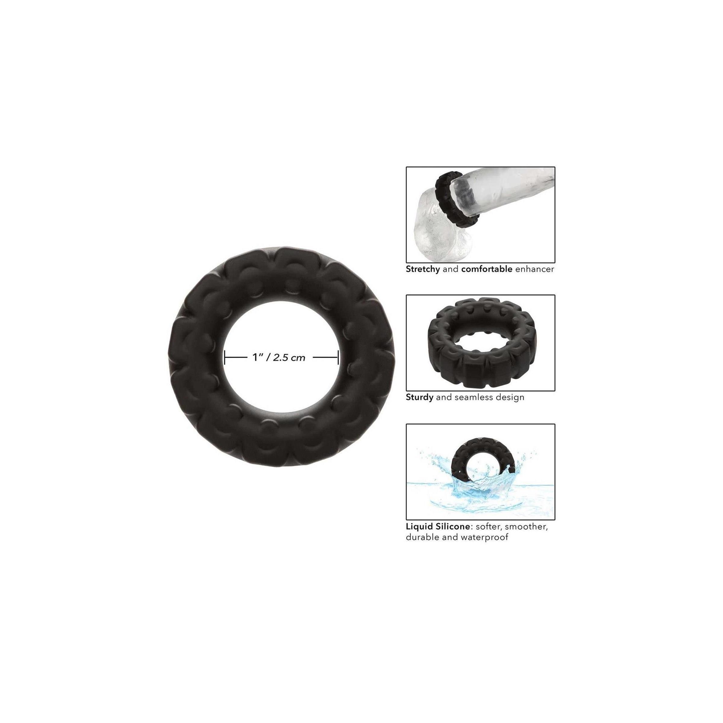 Schwarzer Ring mit erhabener Struktur. Abgebildet mit Produktinformationen und Größenangabe.