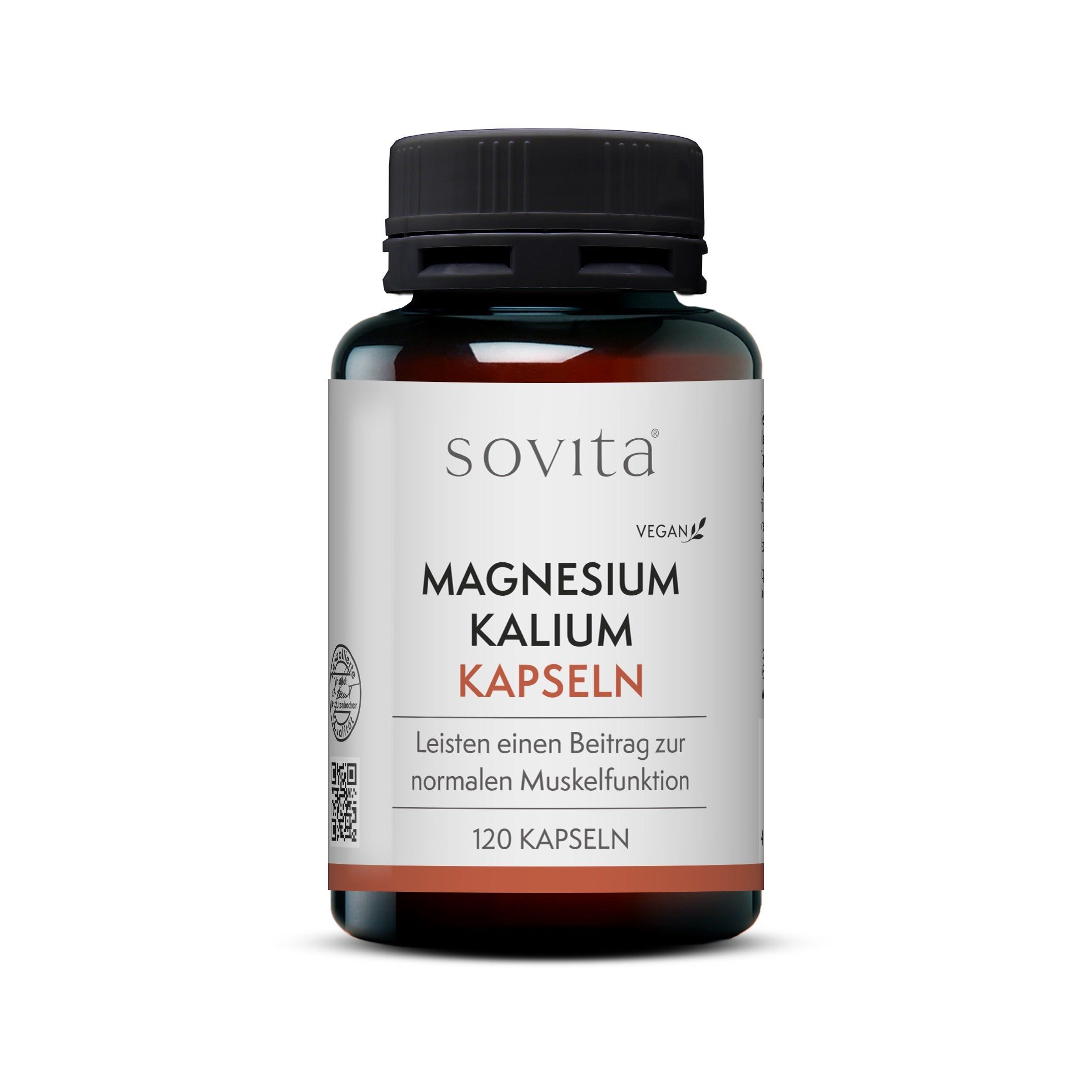 Sovita Magnesium Kalium Kapseln Flasche. Schwarzer Deckel, weißes Etikett. Text: 120 Kapseln, vegan.