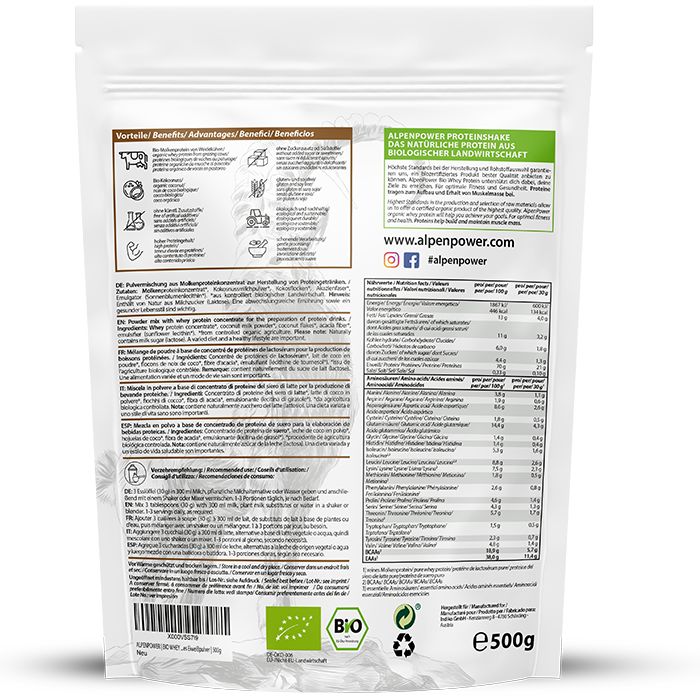 AlpenPower Bio Whey Protein-Beutel, Rückseite. Text mit Nährwertangaben, Inhaltsstoffen, Bio-Siegel, 500g, Recycling-Symbol.