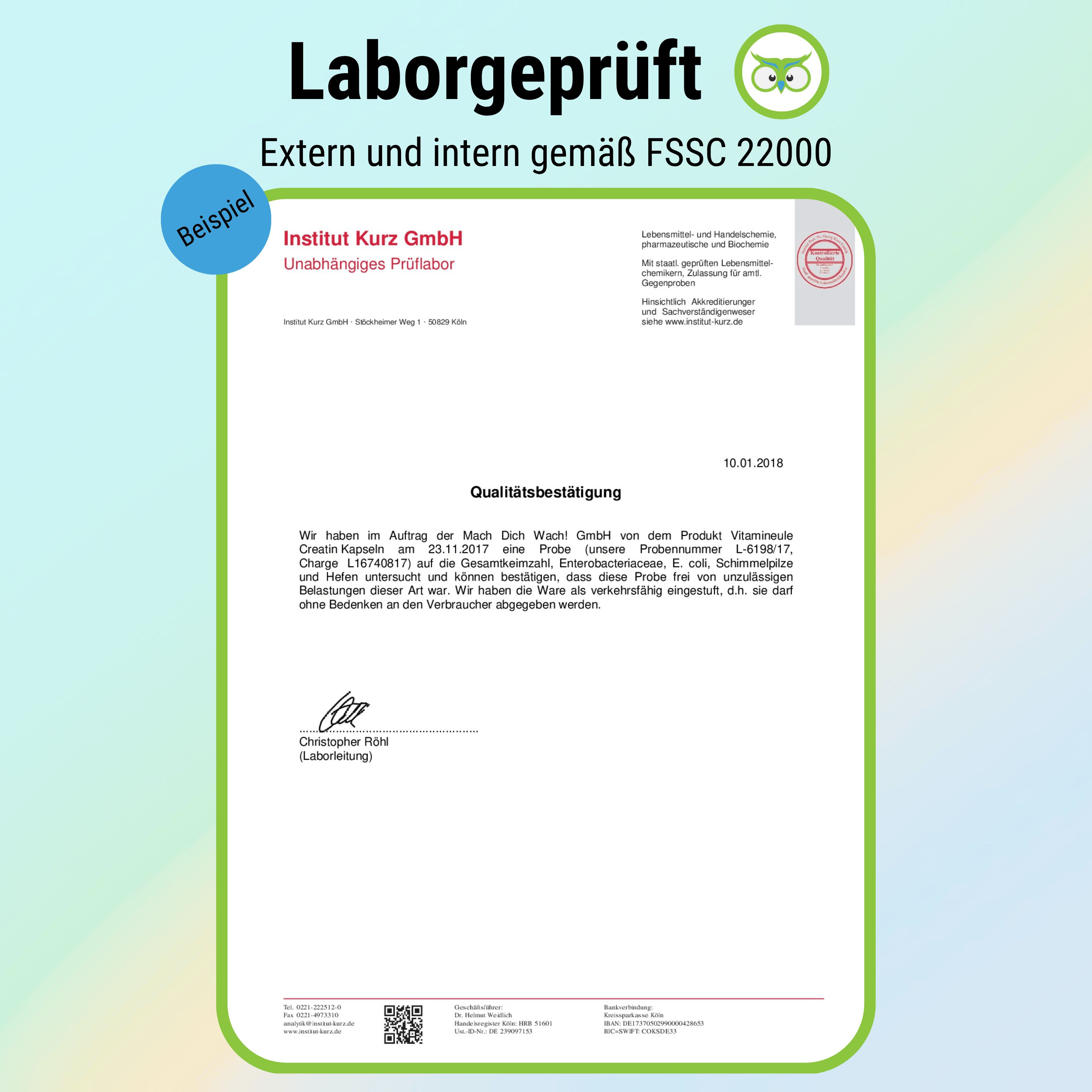 Laborgeprüft-Zertifikat von Institut Kurz GmbH. Bestätigung der Qualitätsbestätigung für Creatin Kapseln. Unterschrift von Christopher Rijk, Laborleitung.