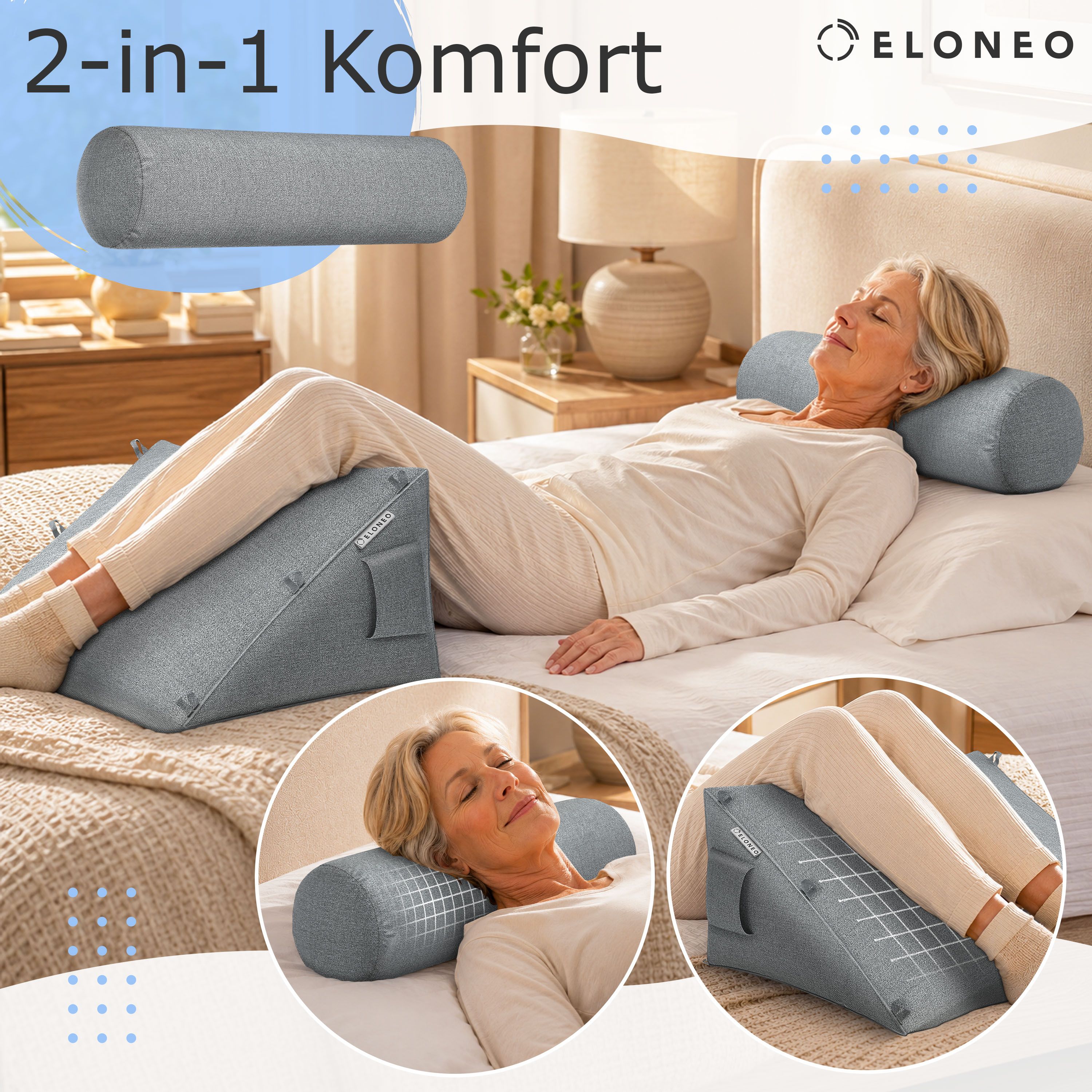ELONEO Rückenkissen mit Nackenrolle für Bett & Sofa 55x50x30cm, waschbarer Bezug 1 St