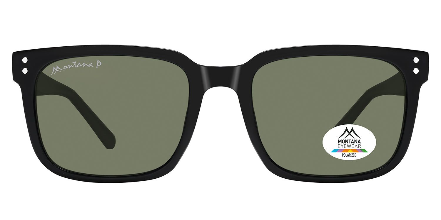 Schwarze Sonnenbrille mit eckigem Rahmen und grünen Gläsern. Montana Eyewear Logo und Polarisations-Aufkleber. Schwarze Bügel.