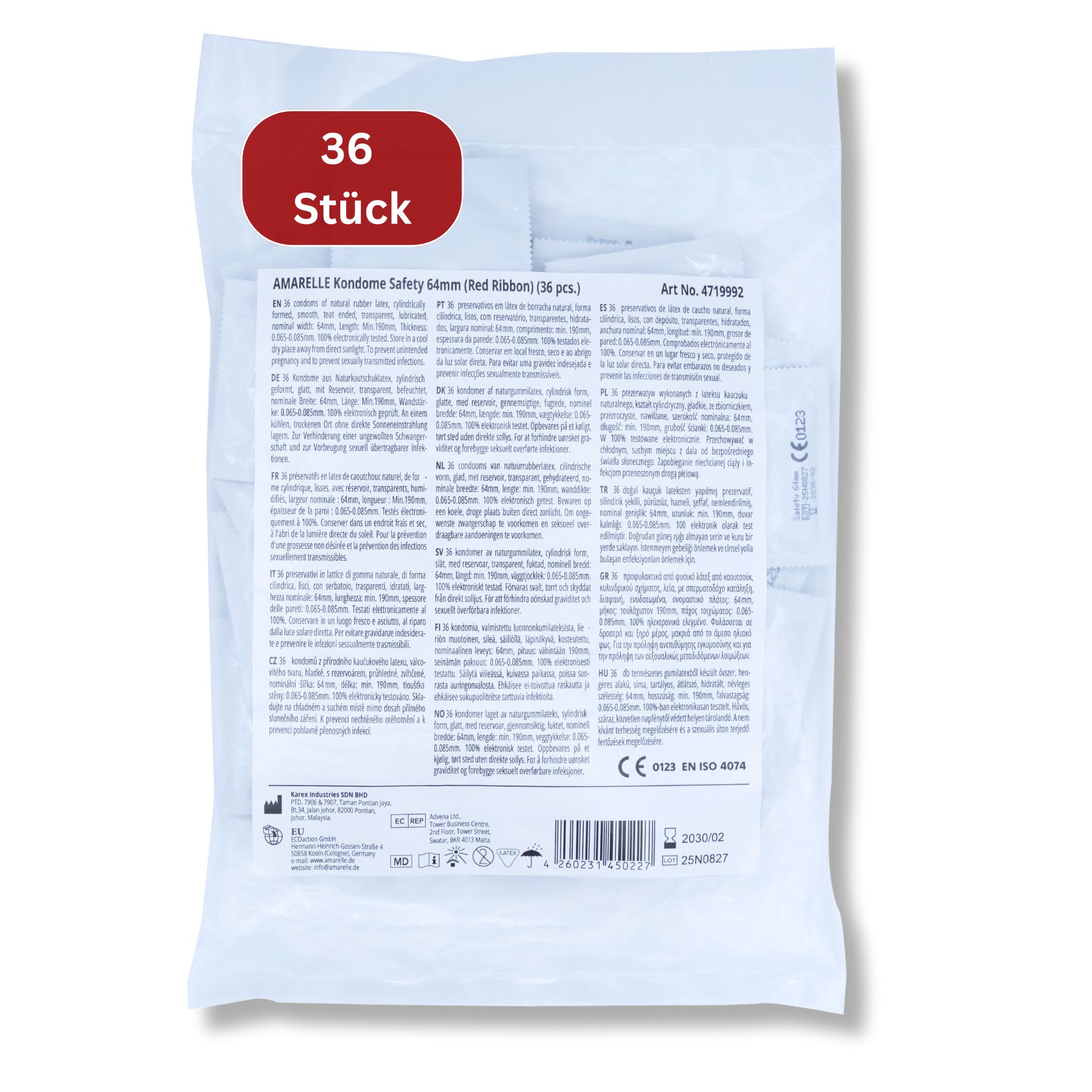 Rückseite der Kondompackung. Text und Piktogramme. Oben "36 Stück". Text "AMARELLE Kondome Safety 64mm (Red Ribbons)".