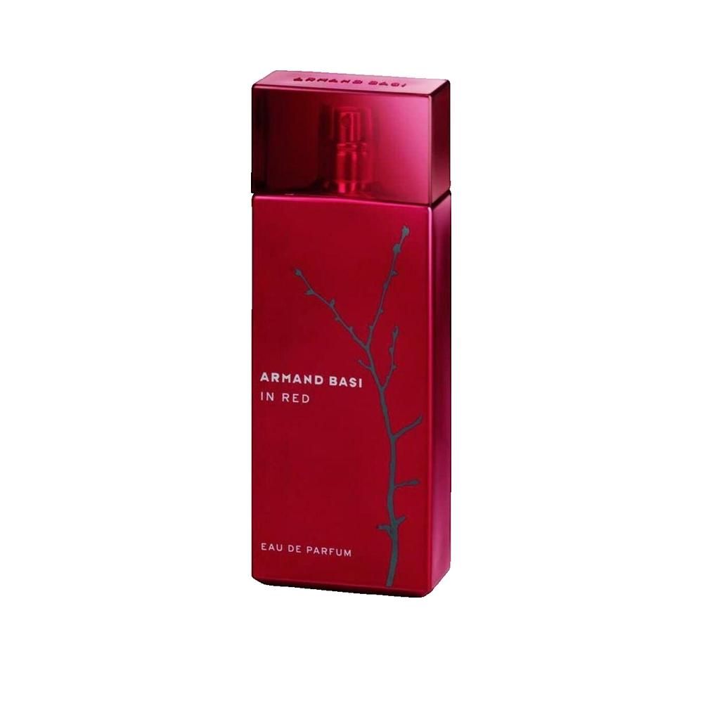 Roter Flakon mit Sprühkopf. Aufschrift: Armand Basi In Red. Graues Ast-Design. Eau de Parfum.