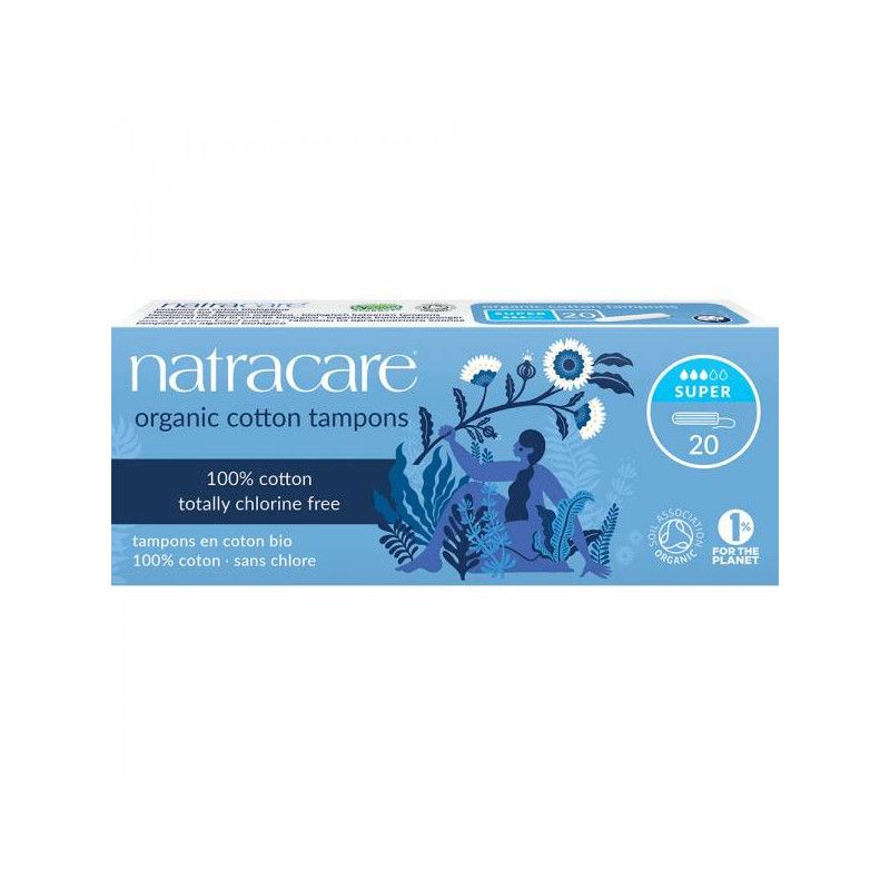 Natracare Tampons Super, Packung mit 20. Blaue Verpackung mit floralem Design und Produktinformationen.