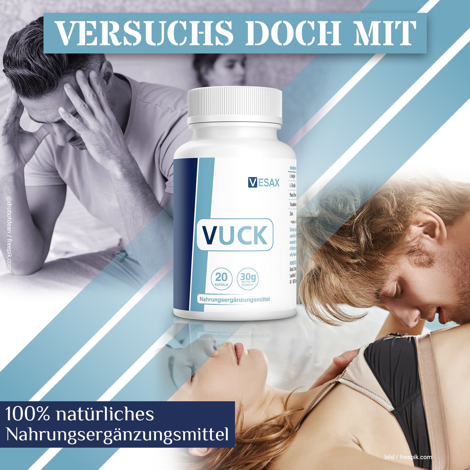 Flasche mit "Vuck" und "VESAX" Aufschrift. Text: "100% natürliches Nahrungsergänzungsmittel". Hintergrund: Paare in intimen Situationen.