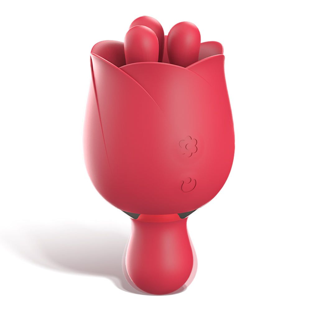 Roter, blütenförmiger Mini-Vibrator mit Knöpfen und Basis. Auf weißem Hintergrund.