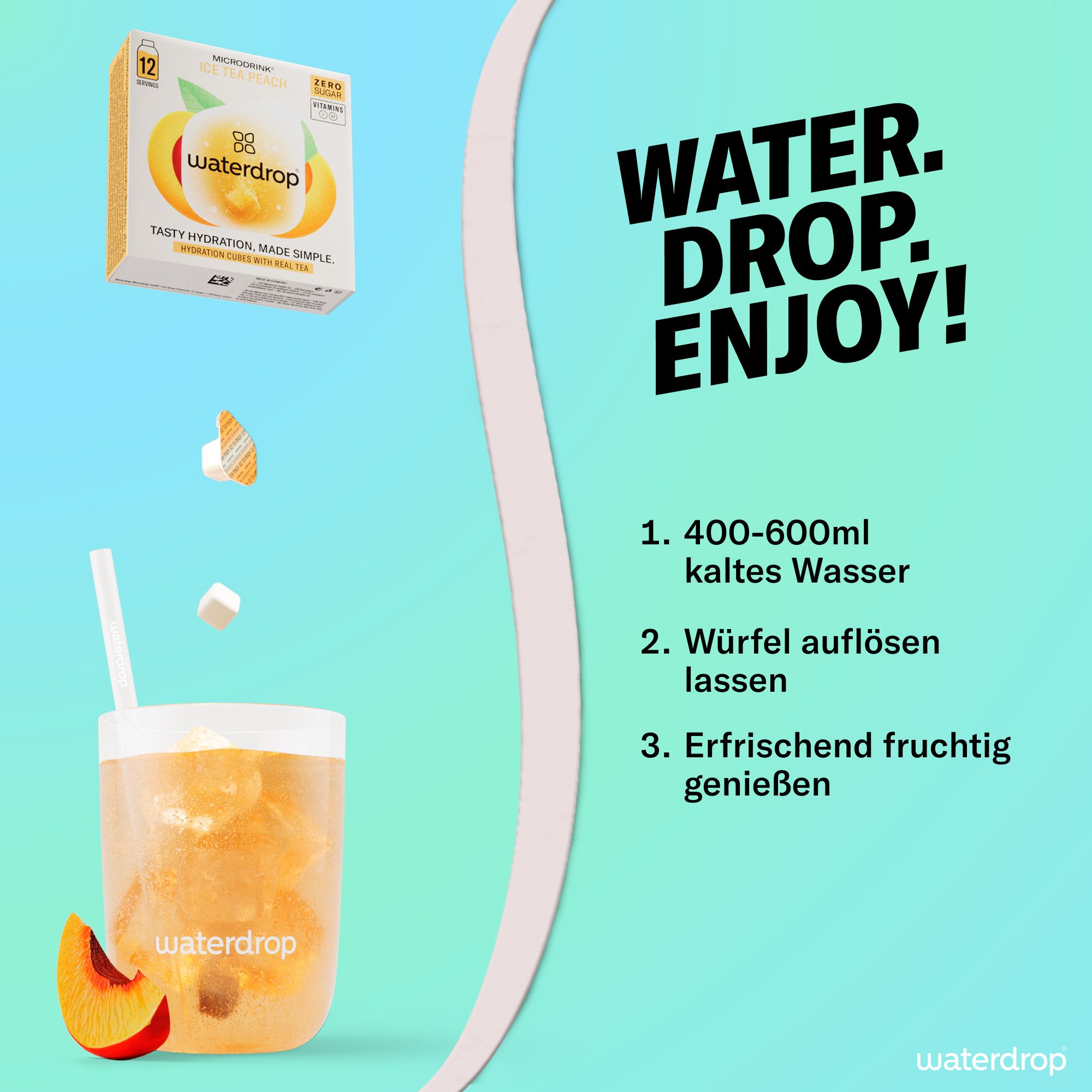 Anleitung: 400-600ml kaltes Wasser, Würfel auflösen, erfrischend fruchtig genießen. Box mit waterdrop® Microdrink Eistee Pfirsich. Pfirsich-Scheibe.