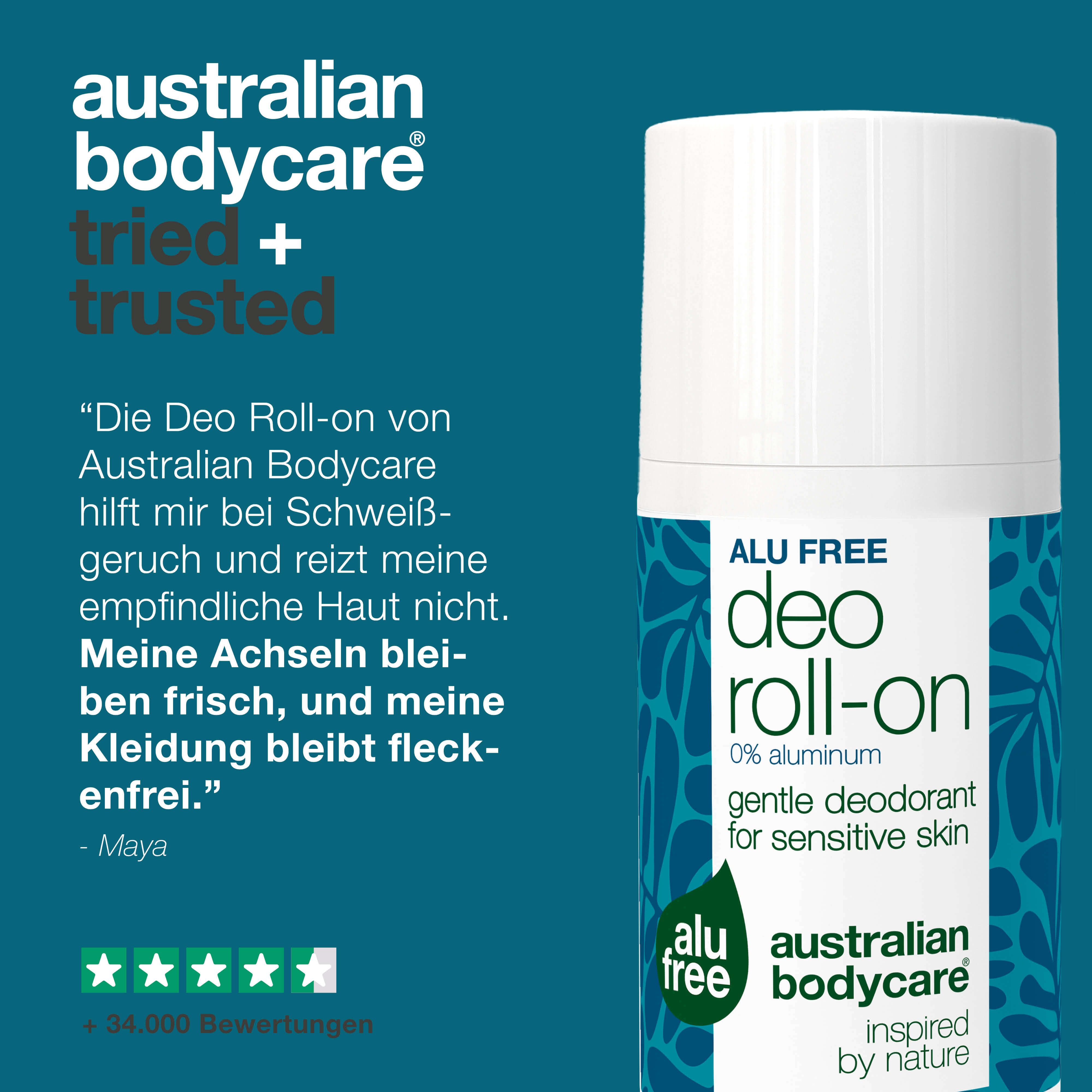 Deo Roll-on von Australian Bodycare. Text: Alu Free, Deo Roll-on, 0% Aluminium. Zitat: Maya. 5 Sterne Bewertung.