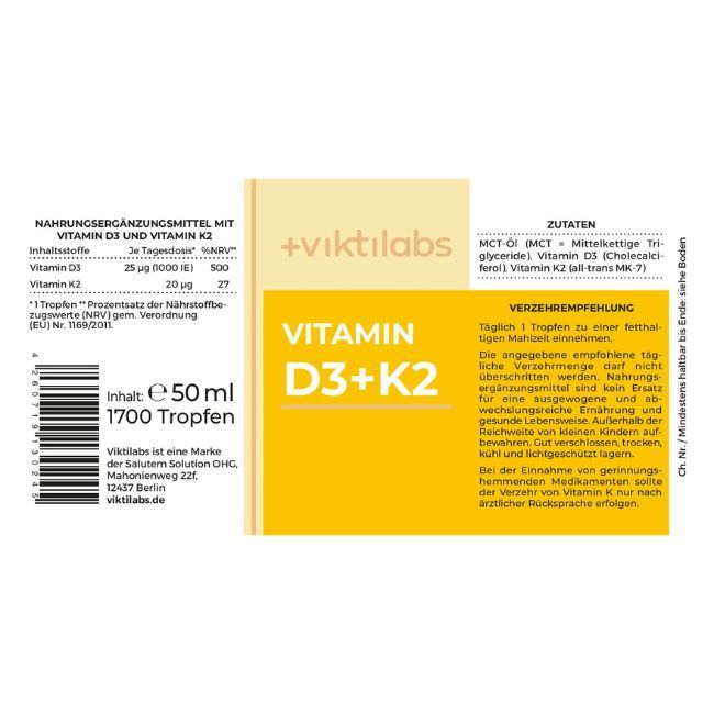 Etikett mit "Viktilabs", "Vitamin D3+K2" und Inhaltsangaben. Enthält 50 ml und 1700 Tropfen.
