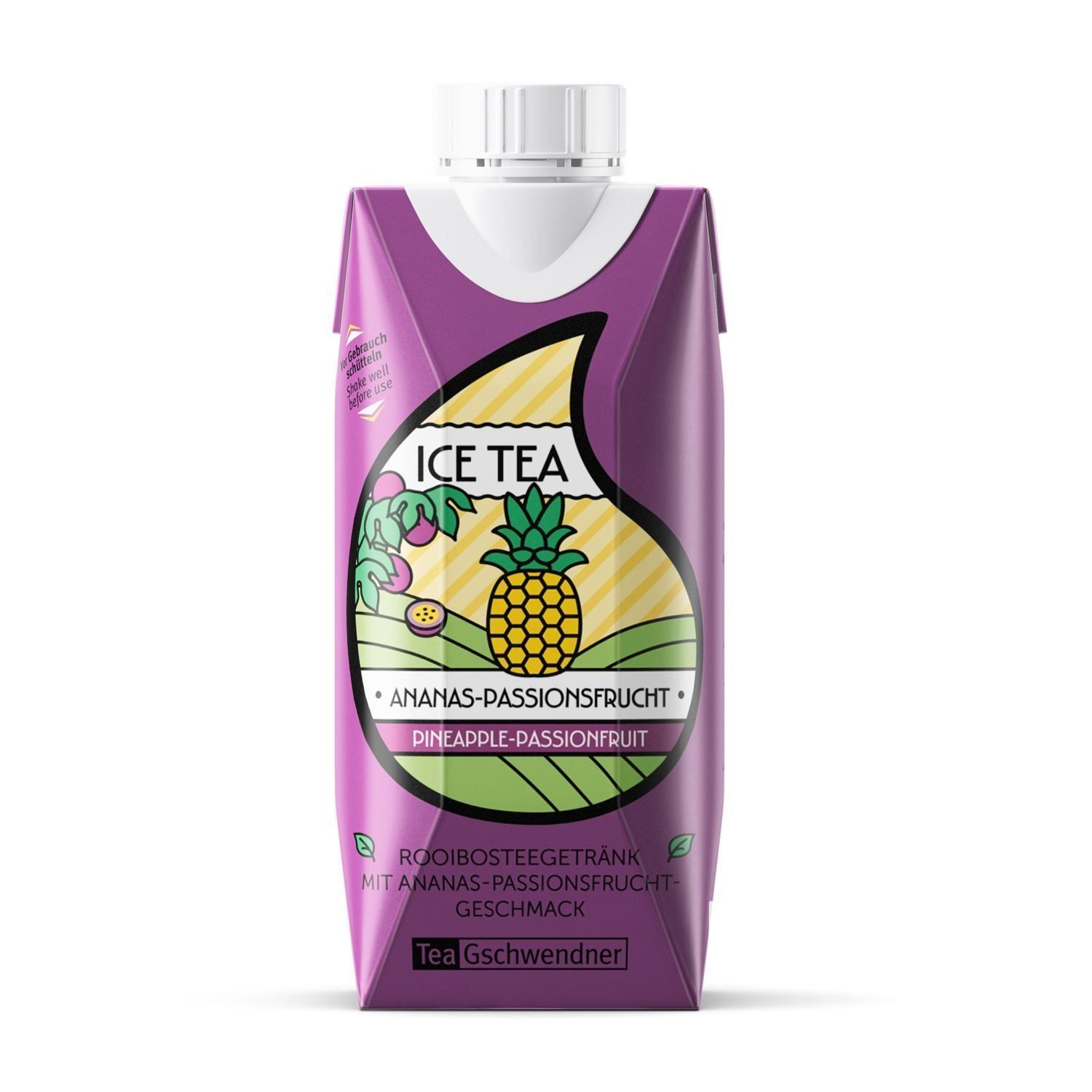 Tetrapack mit Ice Tea Ananas-Passionsfrucht. Aufdruck mit Ananas- und Passionsfrucht-Illustration. Text: Ice Tea, Tea Gschwendner.