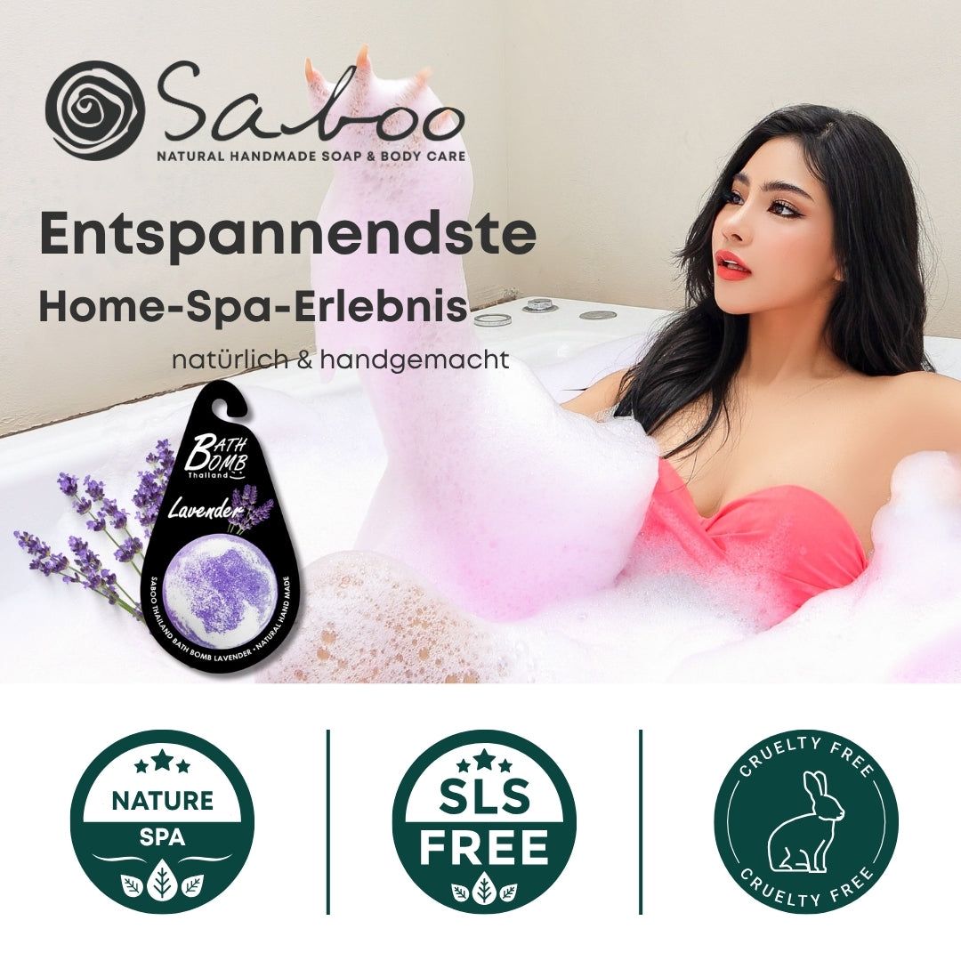 Frau in Badewanne mit Schaum. Text: Saboo, Home-Spa-Erlebnis, natürlich & handgemacht. Logos: Nature Spa, SLS Free, Cruelty Free.