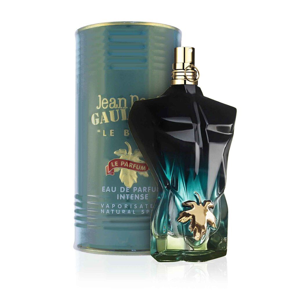 Parfümflakon und Dose. Flakon in Torsoform, Dose mit Logo und Aufschrift "EAU DE PARFUM INTENSE".