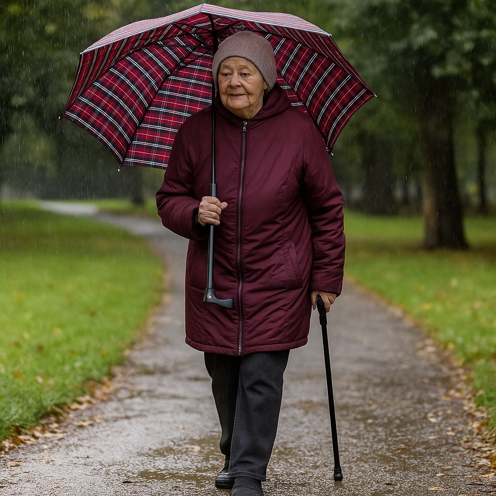 Ältere Frau mit Regenschirm auf einem Weg. Sie trägt eine Jacke und hält einen Regenschirm mit Krückengriff.