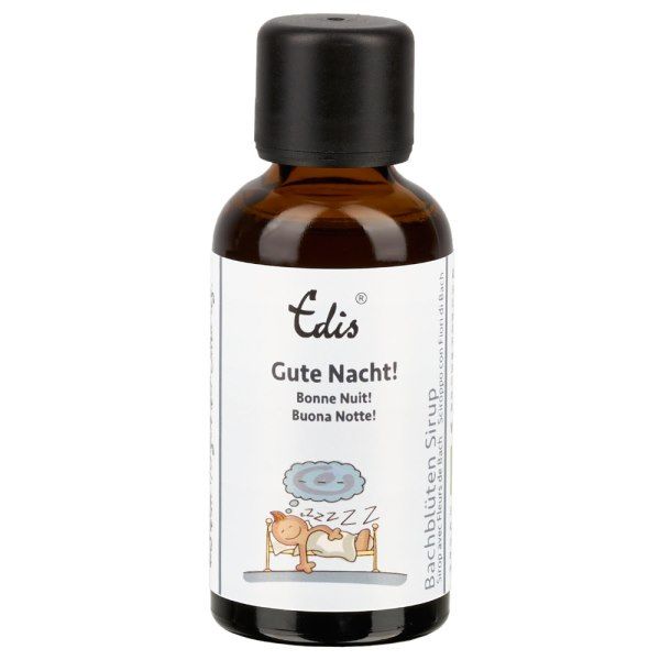 Braune Glasflasche mit schwarzem Deckel. Etikett mit Produktname, Illustration einer schlafenden Person und Text in mehreren Sprachen.