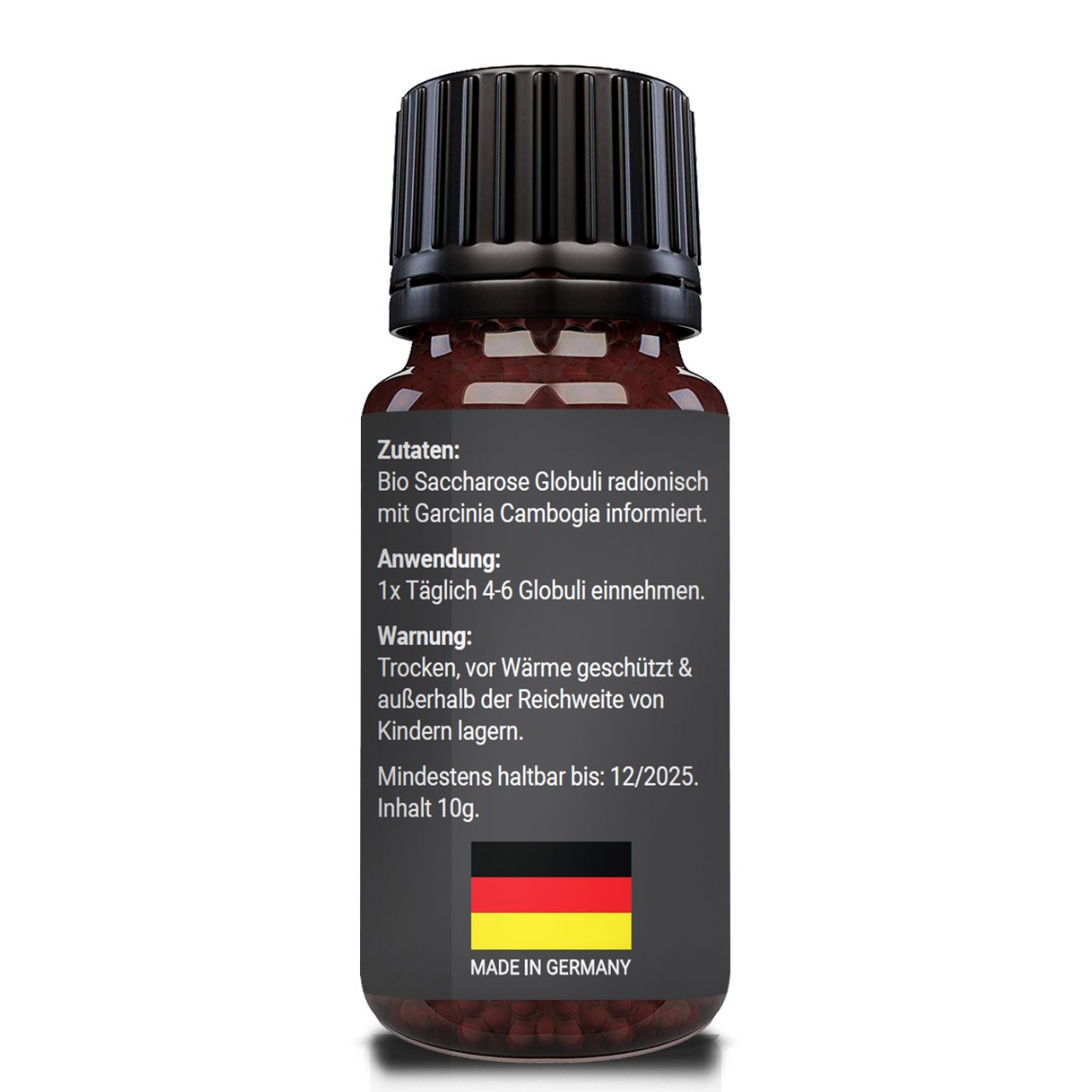 Rückseite der Flasche. Zutaten, Anwendung, Warnhinweis, Mindesthaltbarkeit, Inhalt 10g. Made in Germany. Flagge Deutschland.