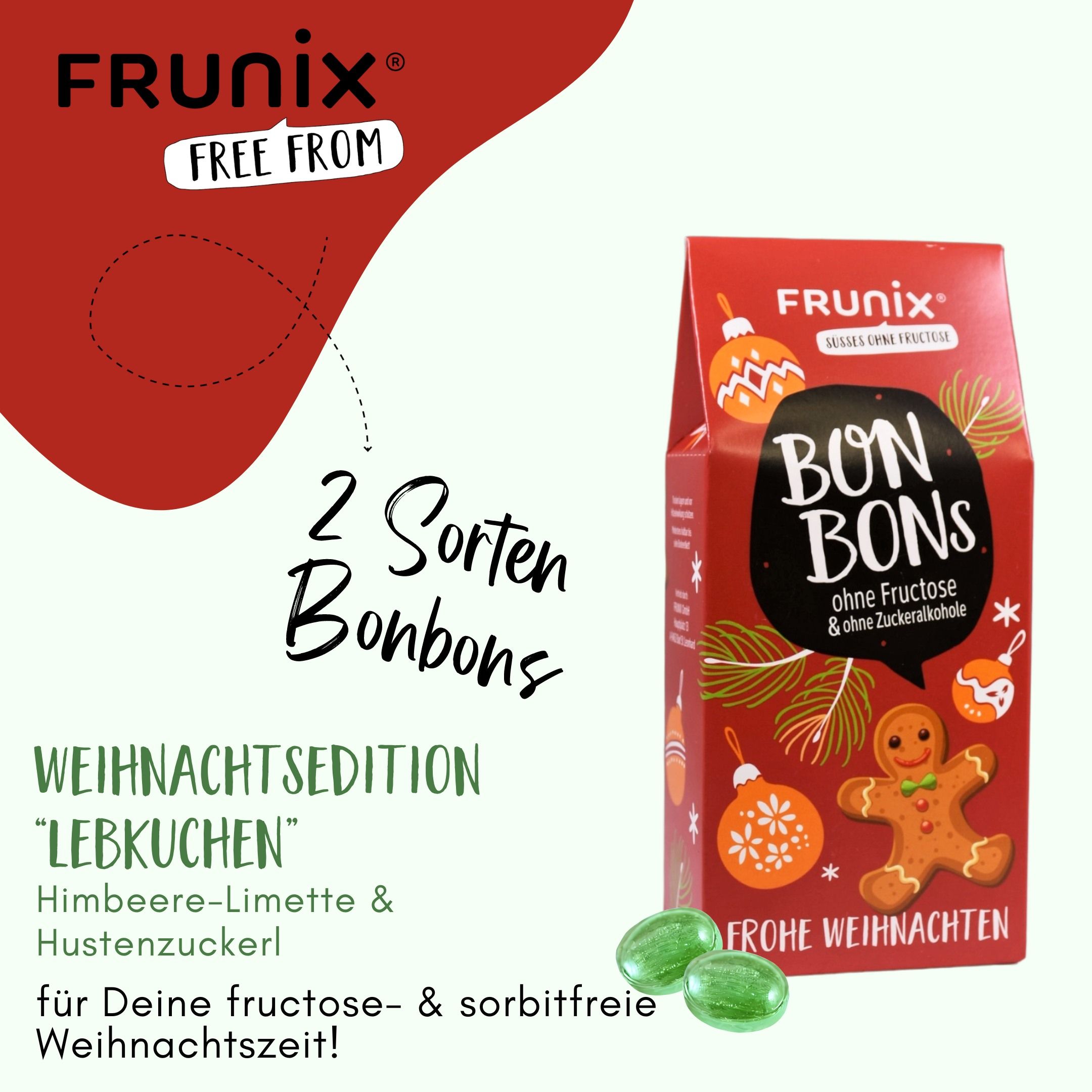 Rote Verpackung mit Bonbons. Text: "BON BONS", "Frohe Weihnachten". Grüne Bonbons liegen daneben. Weihnachts-Edition "Lebkuchen".
