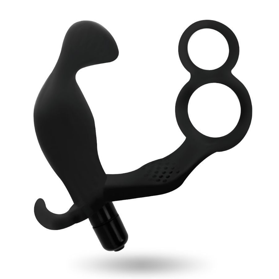 Schwarzes Wellness-Produkt mit doppelten Penisringen und einem gebogenen Schaft. Aus Silikon gefertigt.