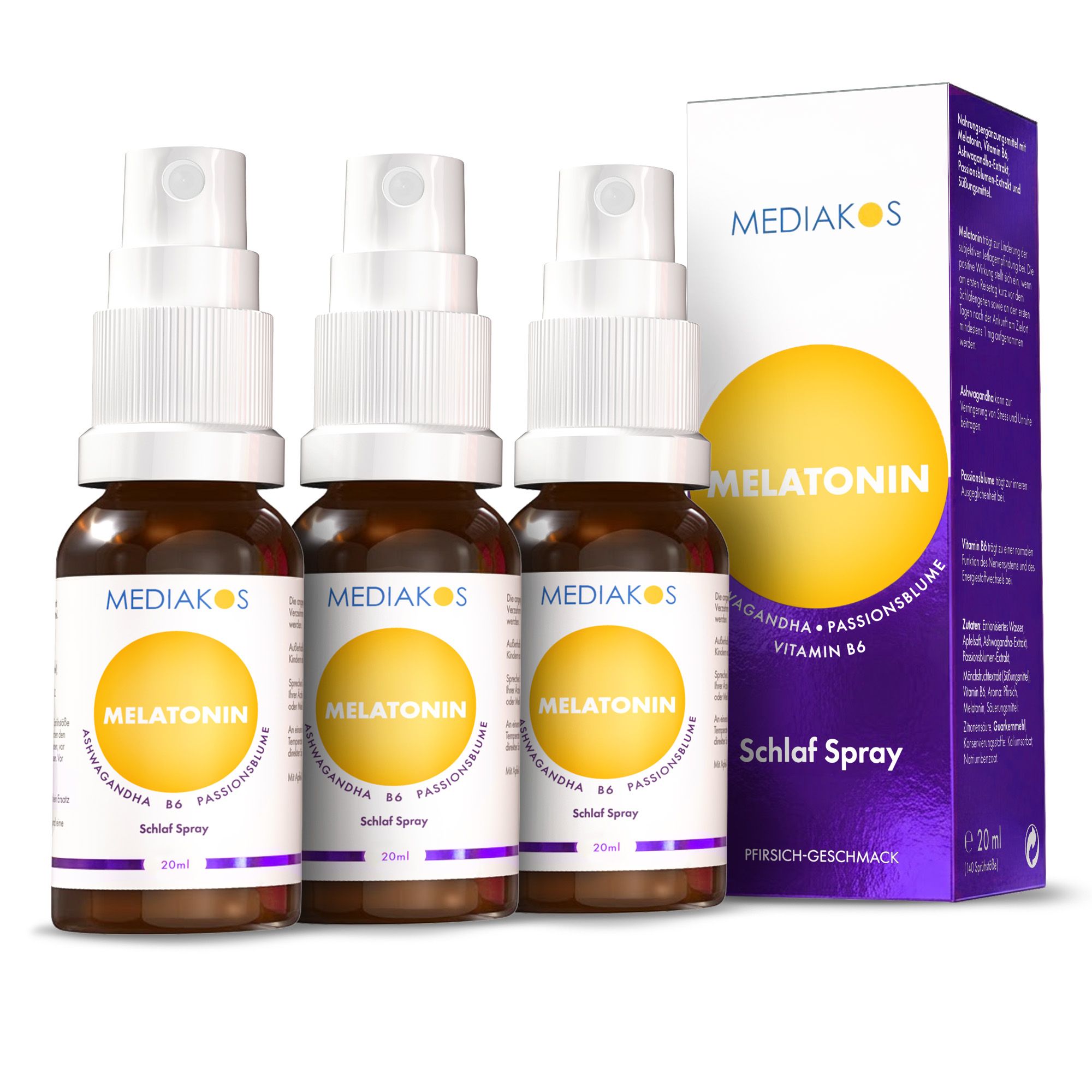 Drei 20 ml Sprühflaschen Melatonin Schlaf Spray von Mediakos mit Passionsblume und Vitamin B6.