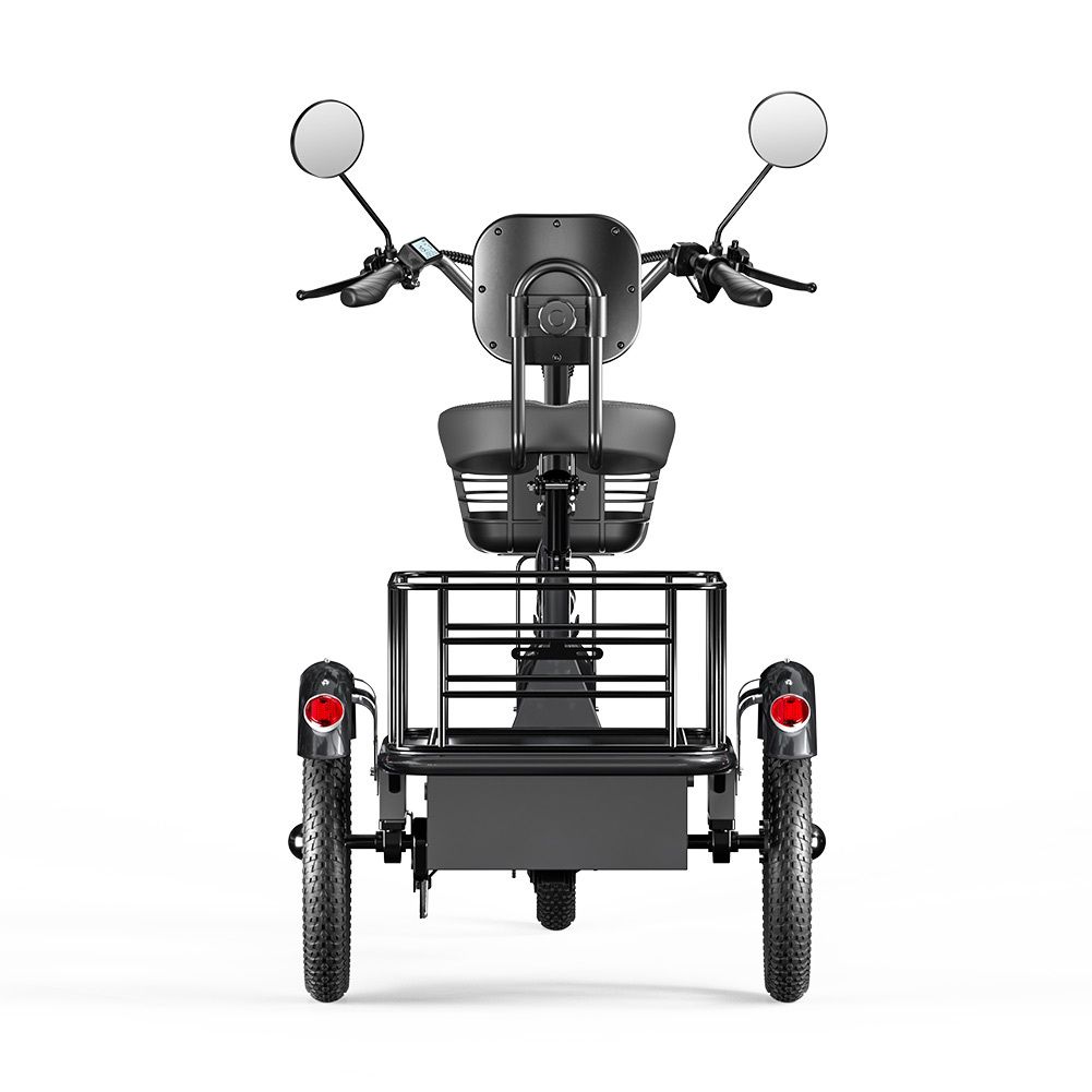 Graues Dreirad-Lastenrad, Frontansicht, mit Korb und Gepäckträger. Marke Cysum.