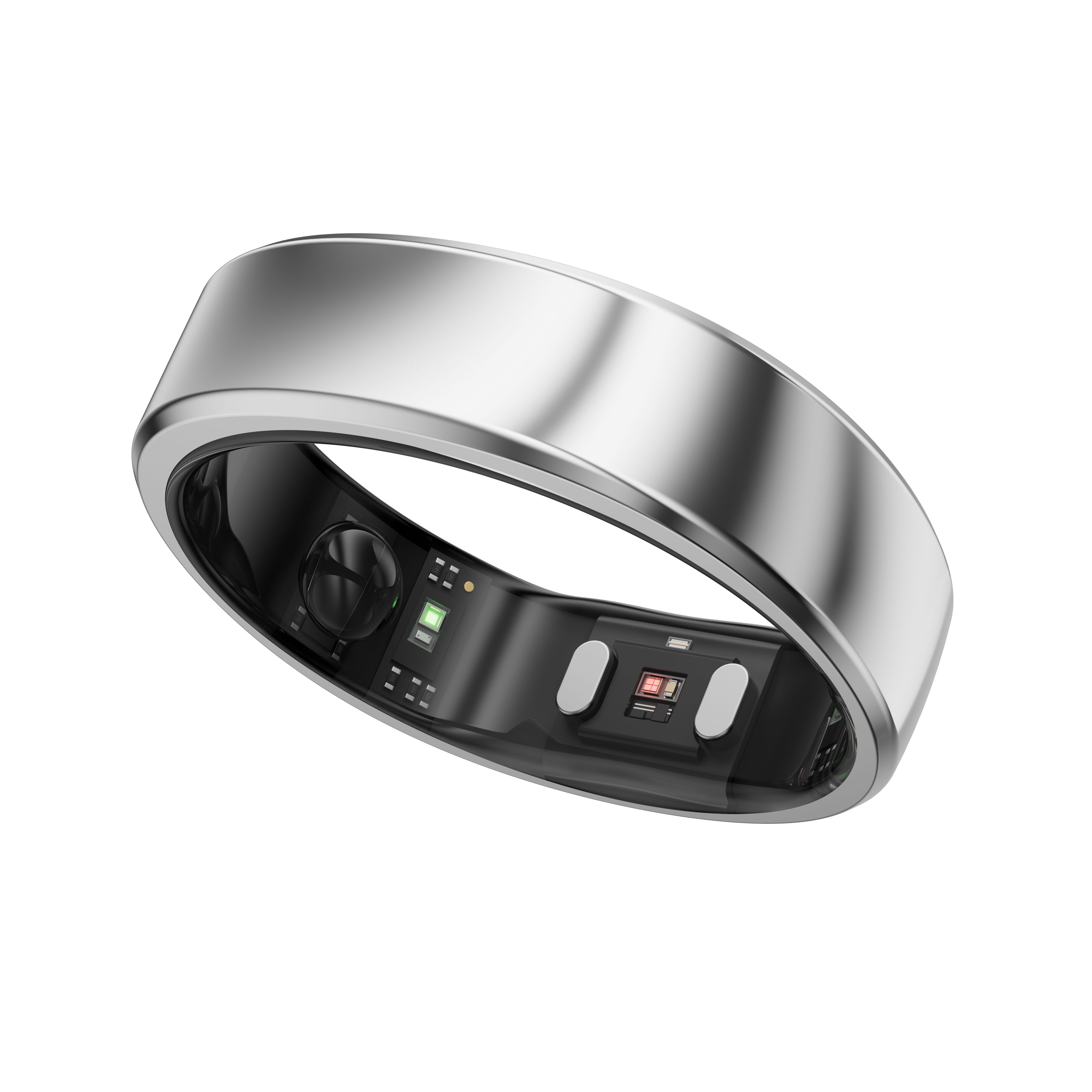 Silberfarbener Ring mit schwarzem Innenband. Sensoren und LEDs sichtbar. Glänzende Oberfläche.