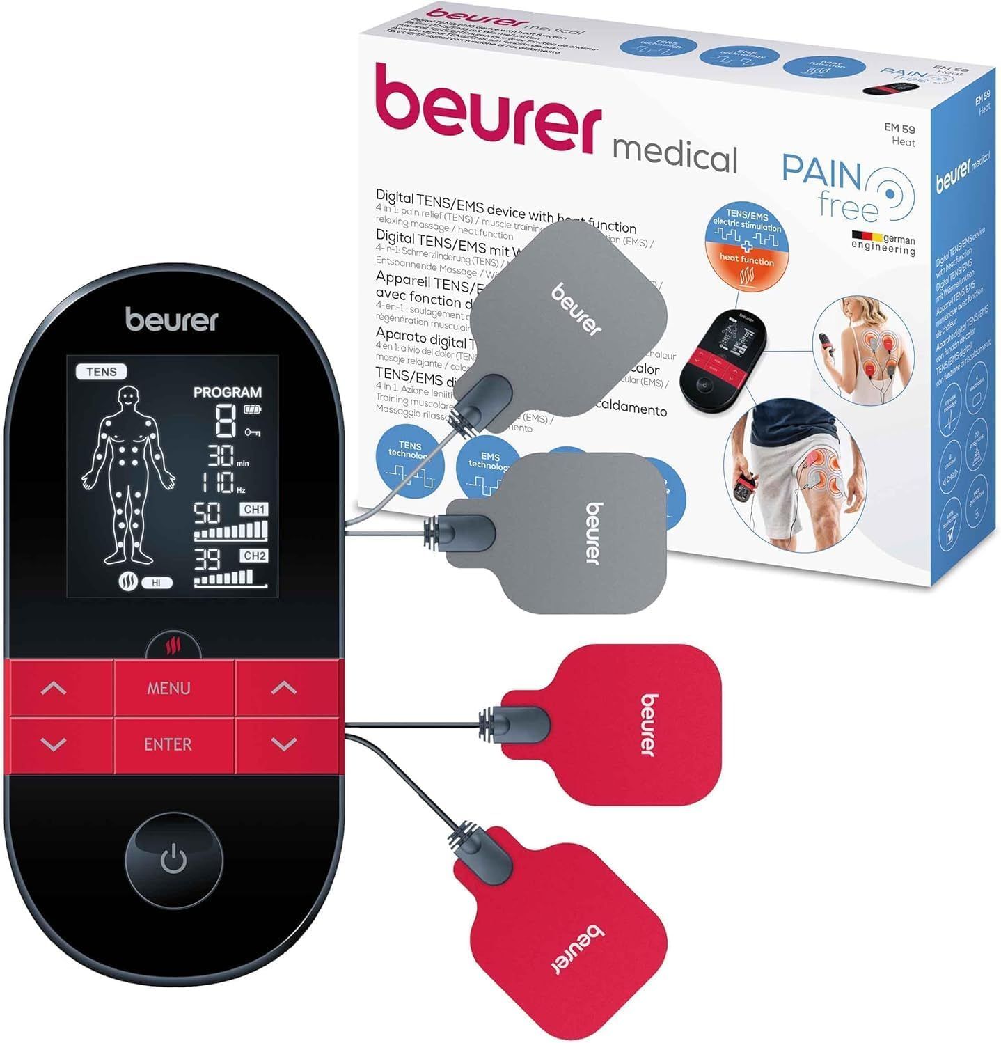 Gerät mit Elektroden und Verpackung. Text: Beurer medical. Pain free. Digitales TENS/EMS Gerät mit Wärmefunktion.