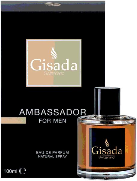 Glasflakon und schwarze Verpackung. Gisada-Logo, AMBASSADOR FOR MEN. Flakon neben der Box.
