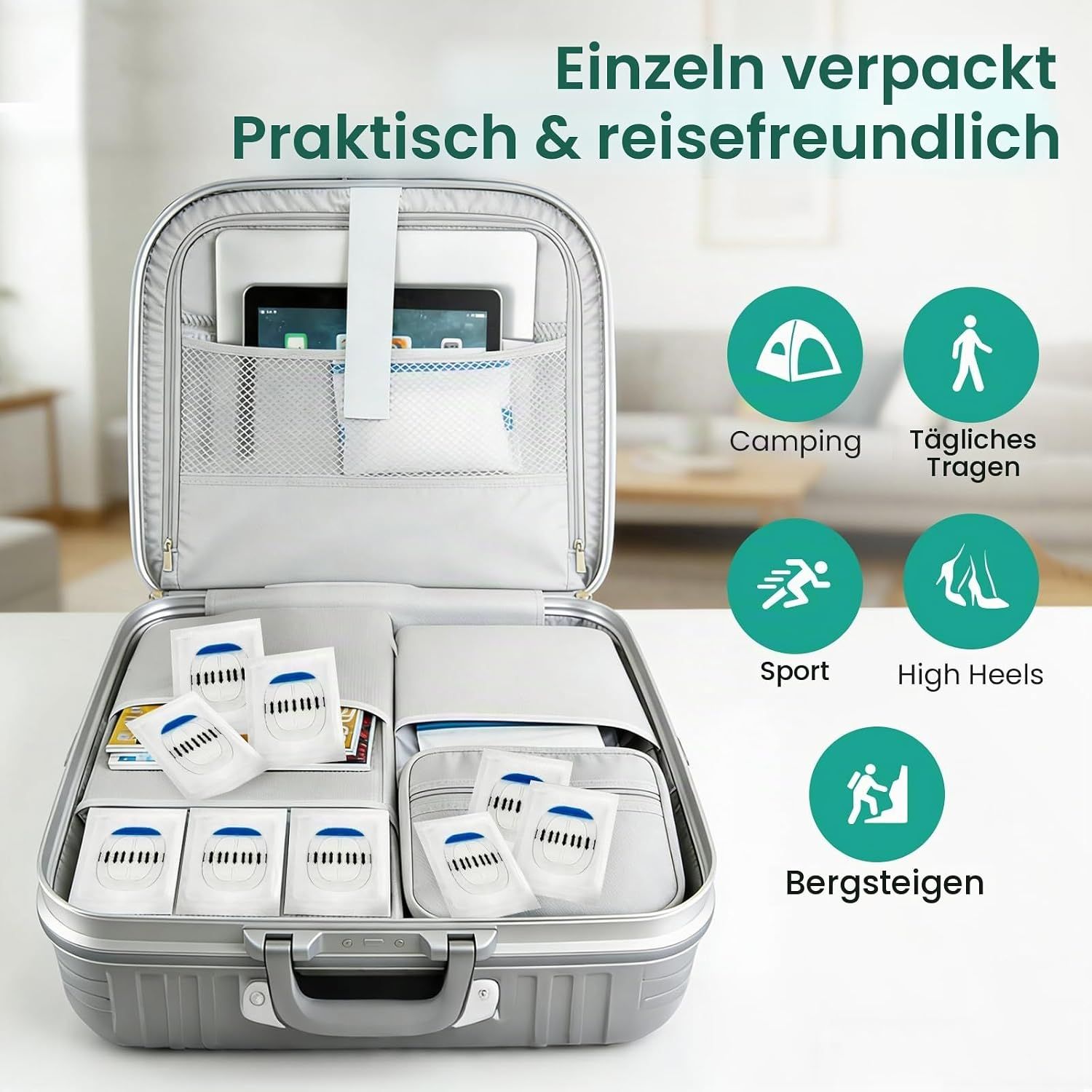 Einzeln verpackte Fußpolster in einem Koffer, geeignet für Camping, Sport und Alltag.