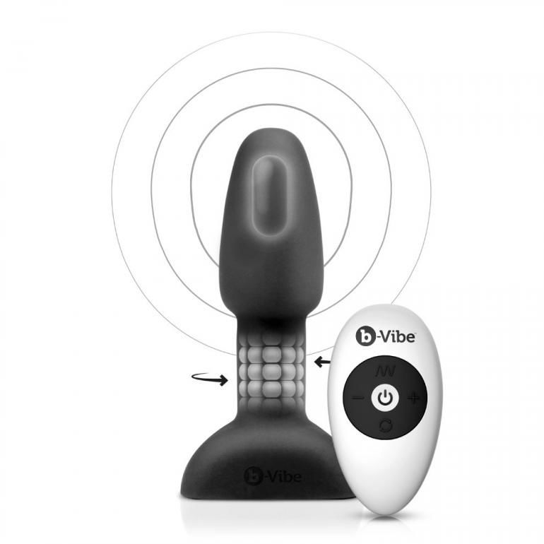 Analplug mit Vibration und Fernbedienung. B-vibe Logo und Produktname.