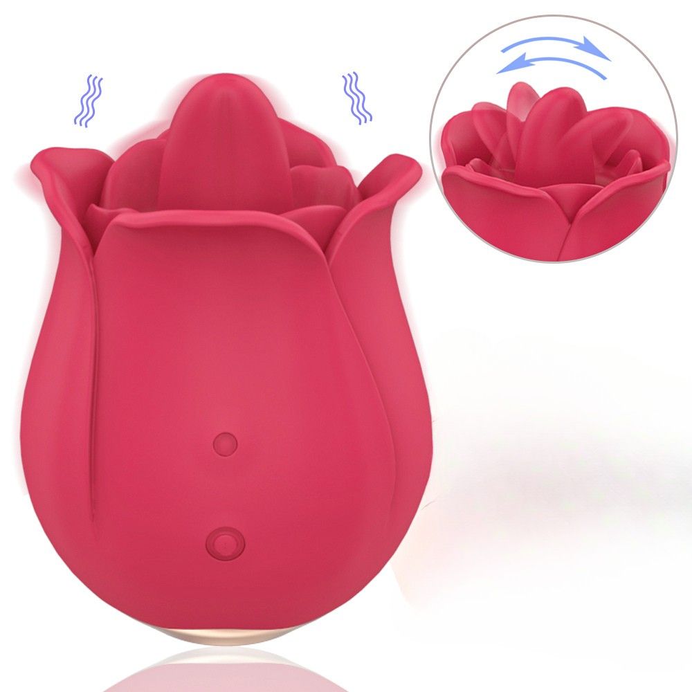 Rosa Vibrator in Rosenform mit beweglicher Zunge. Wellen- und Pfeilsymbole zeigen Bewegung an.