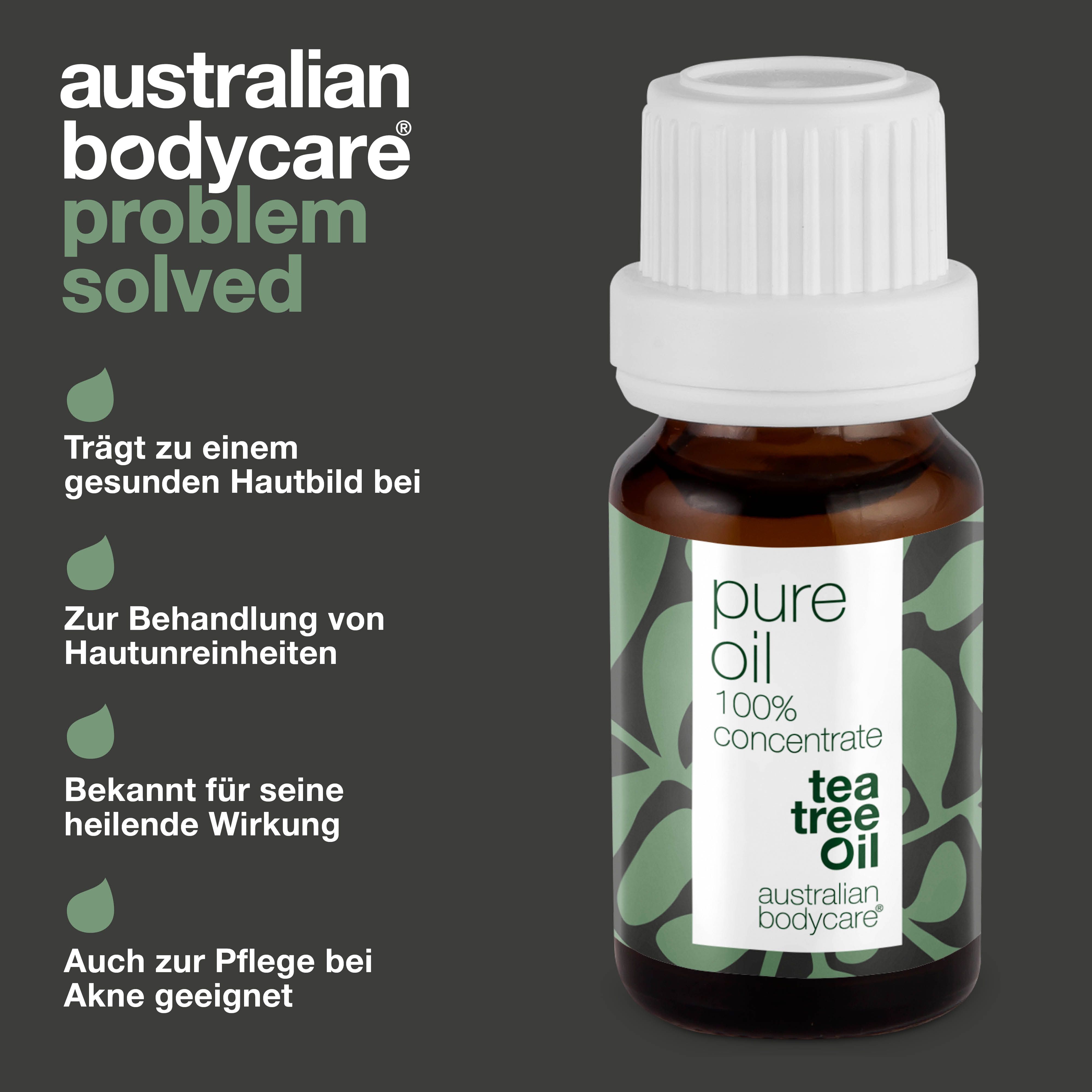 Flasche mit Text: pure oil, 100% concentrate, tea tree oil, australian bodycare. Text: Trägt zu einem gesunden Hautbild bei.
