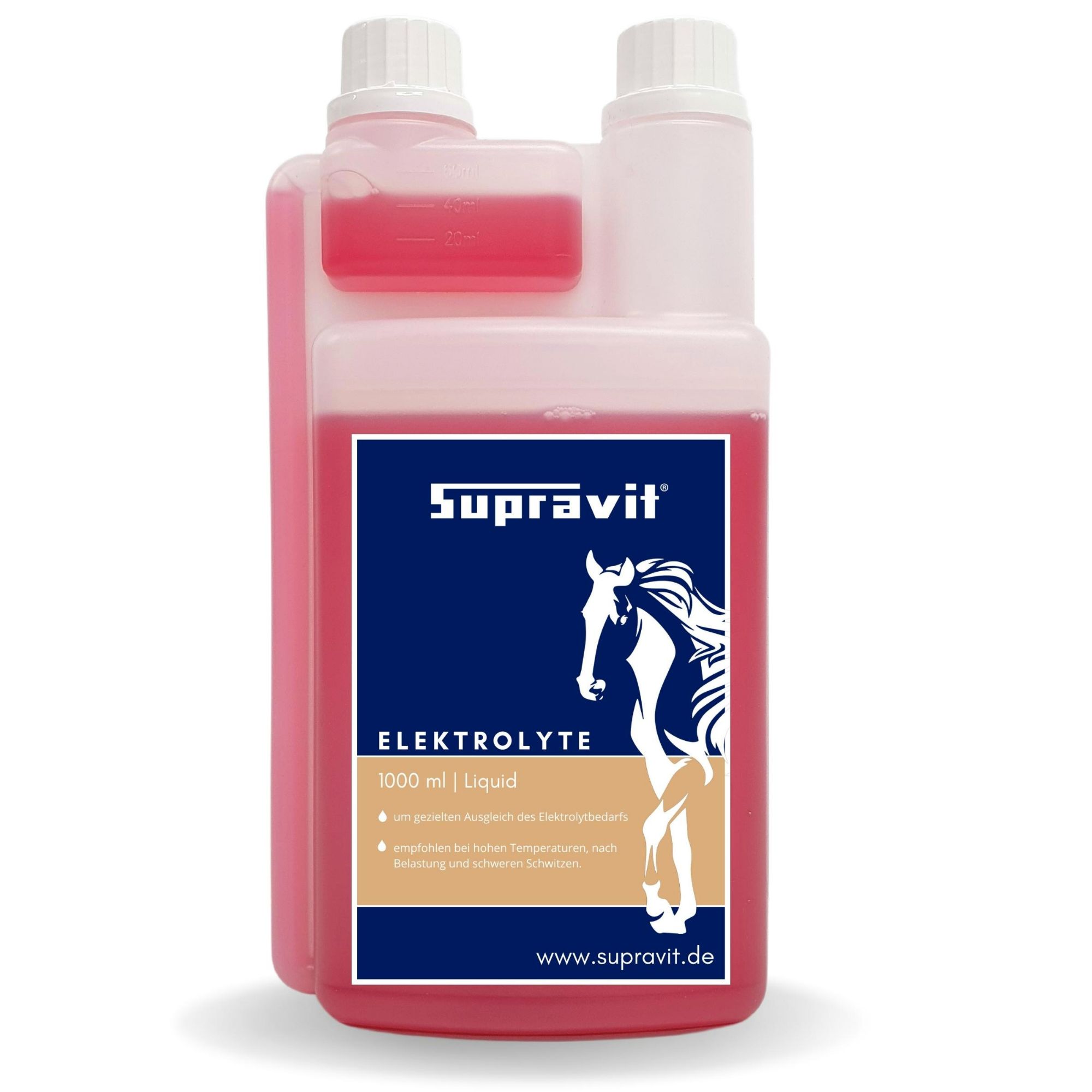 Flasche Supravit Elektrolyte. Blaues Etikett mit Pferd. Text: Elektrolyte, 1000 ml Liquid.