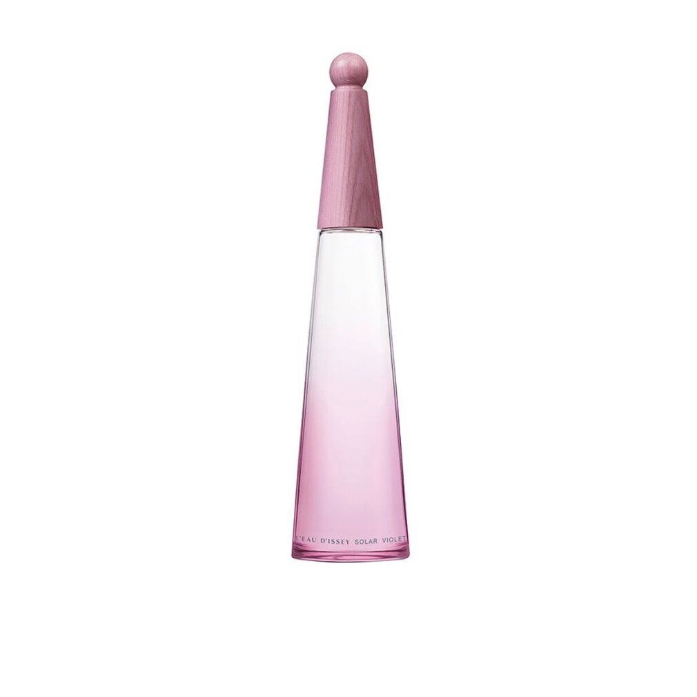 Rosa Flakon mit Holzverschluss. Aufschrift: L'Eau d'Issey Solar Violet. Farblich abgestuft von transparent zu rosa.