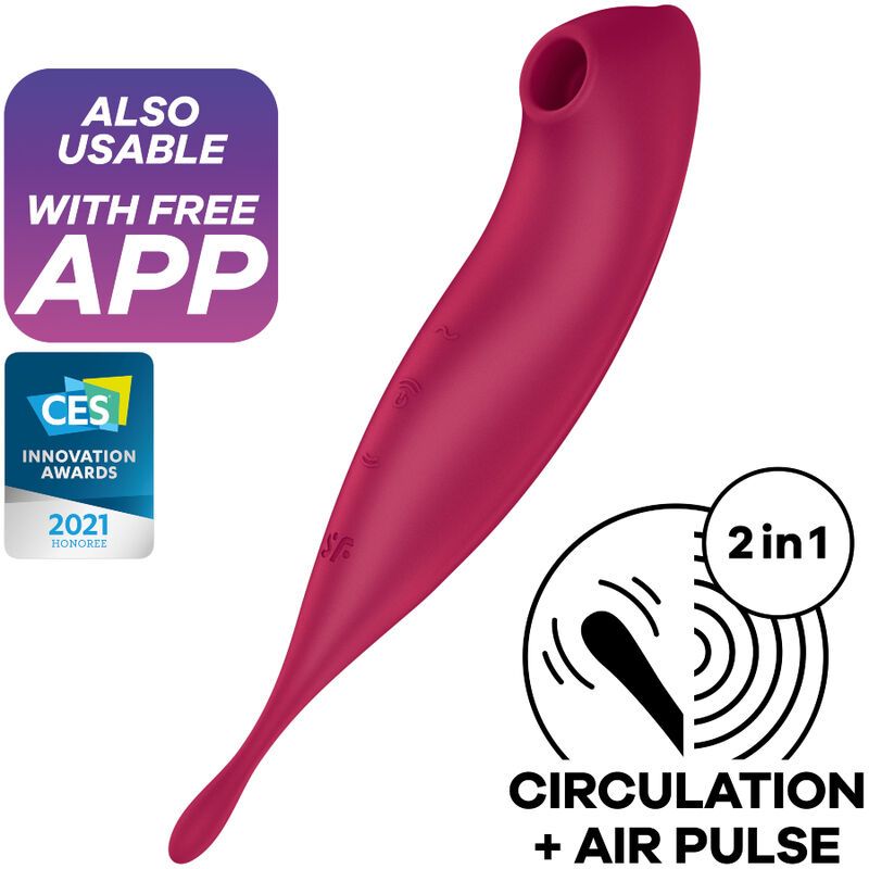 Weinroter Vibrator mit abgerundeter Spitze, App-Logo, CES Innovation Awards 2021.