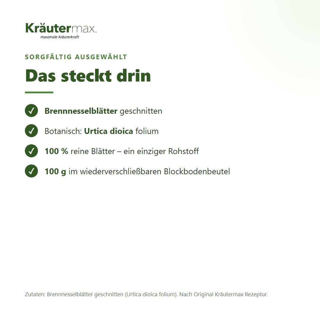 Kräutermax Brennnessel Tee: 100g geschnittene Blätter, 100% vegan, ohne Zusätze.