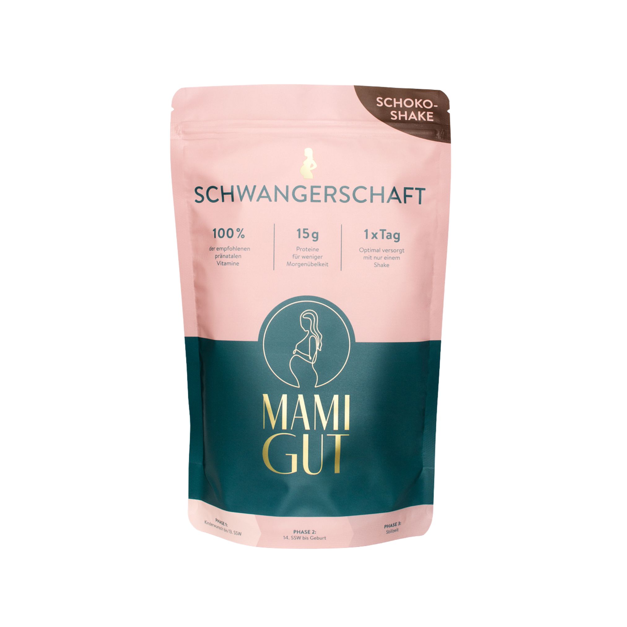 Rosa Beutel mit Aufschrift SCHWANGERSCHAFT, Logo und Text. Oben rechts: Schoko-Shake. Enthält Vitamine, 15g und 1xTag.