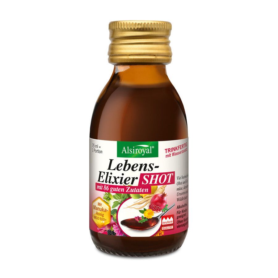 Braune Glasflasche mit goldfarbenem Deckel. Etikett mit Produktnamen und Logo. Text: Lebens-Elixier Shot mit 36 guten Zutaten.