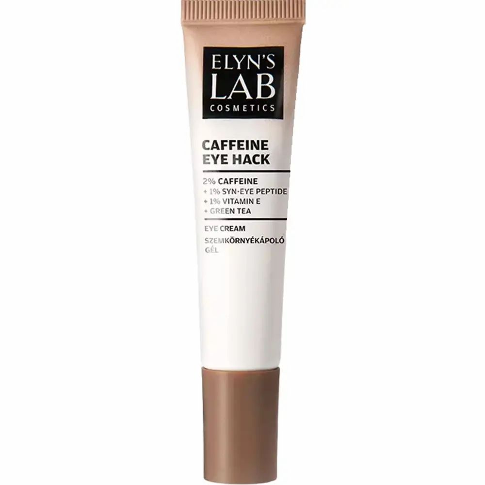 Creme-Tube mit Aufschrift 'ELYN'S LAB Caffeine Eye Hack'. Enthält Koffein, SYN-EYE-Peptid, Vitamin E und Grüntee. Weiß-braune Farbgebung.