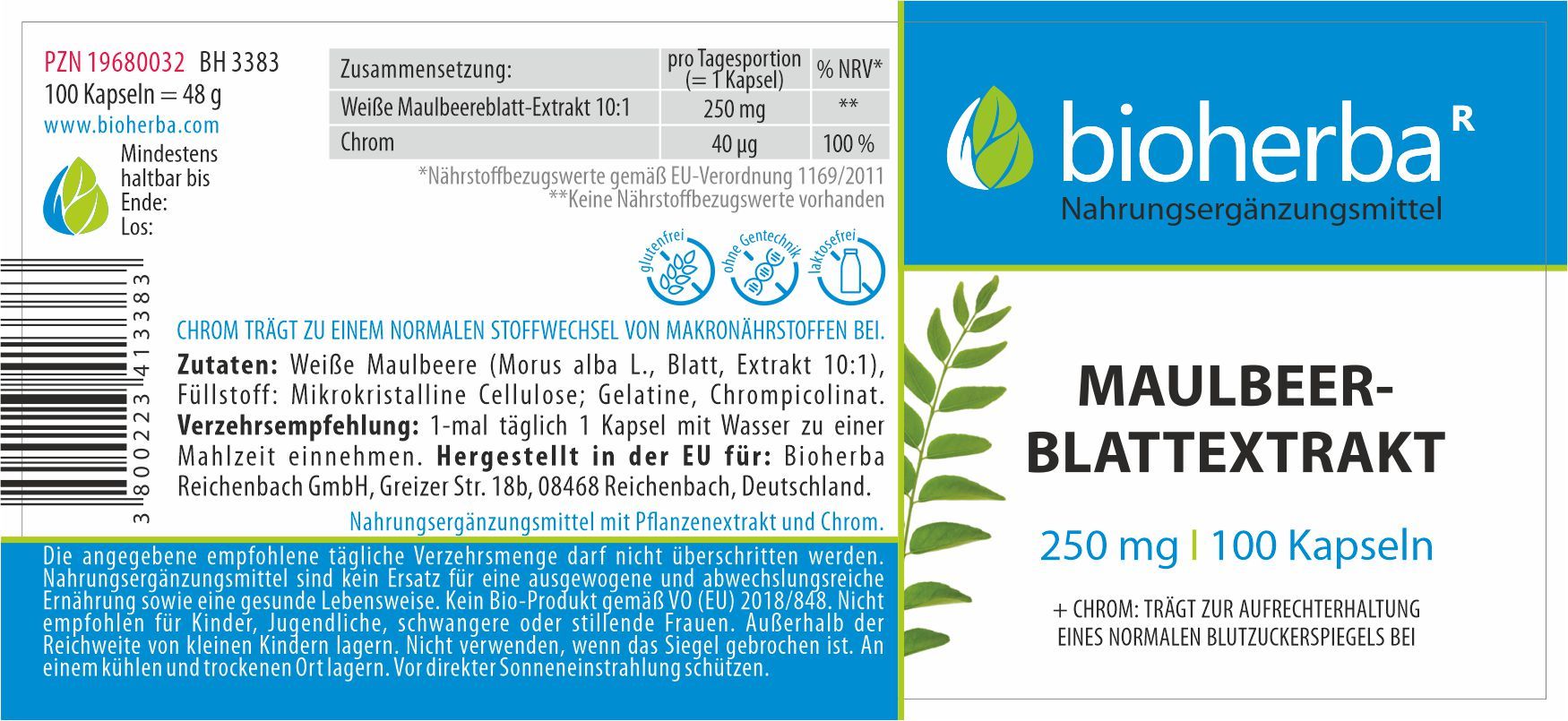 Etikett mit weißem Hintergrund und blauer Schrift. Text: Maulbeerblattextrakt, 250 mg, 100 Kapseln. Logo: Bioherba. Zusammensetzung und Verzehrempfehlung.