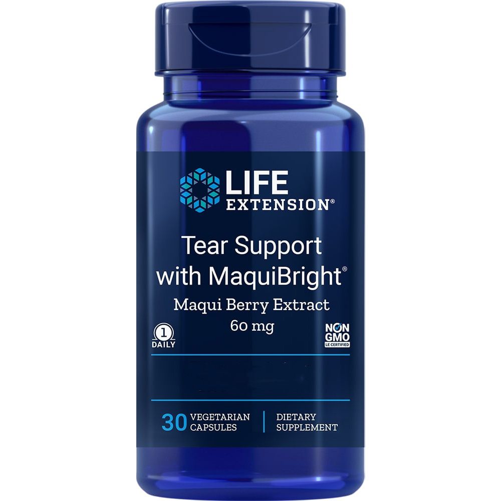 Blaue Flasche mit Kapseln. Aufschrift: Life Extension Tear Support mit MaquiBright, 60 mg, 30 vegetarische Kapseln.