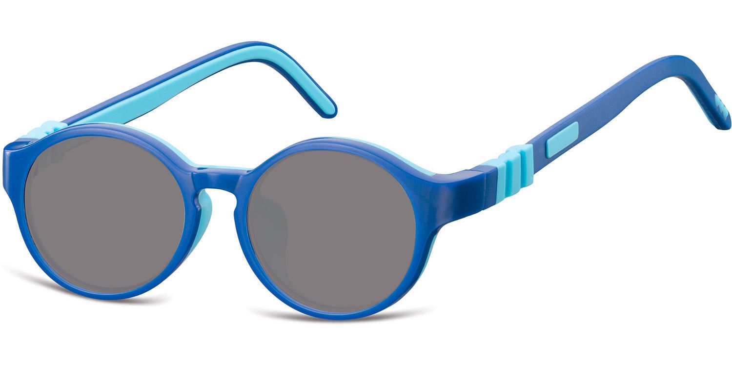 Blaue Sonnenbrille mit runden Gläsern. Bügel und Rahmen in verschiedenen Blautönen. Graue Gläser.