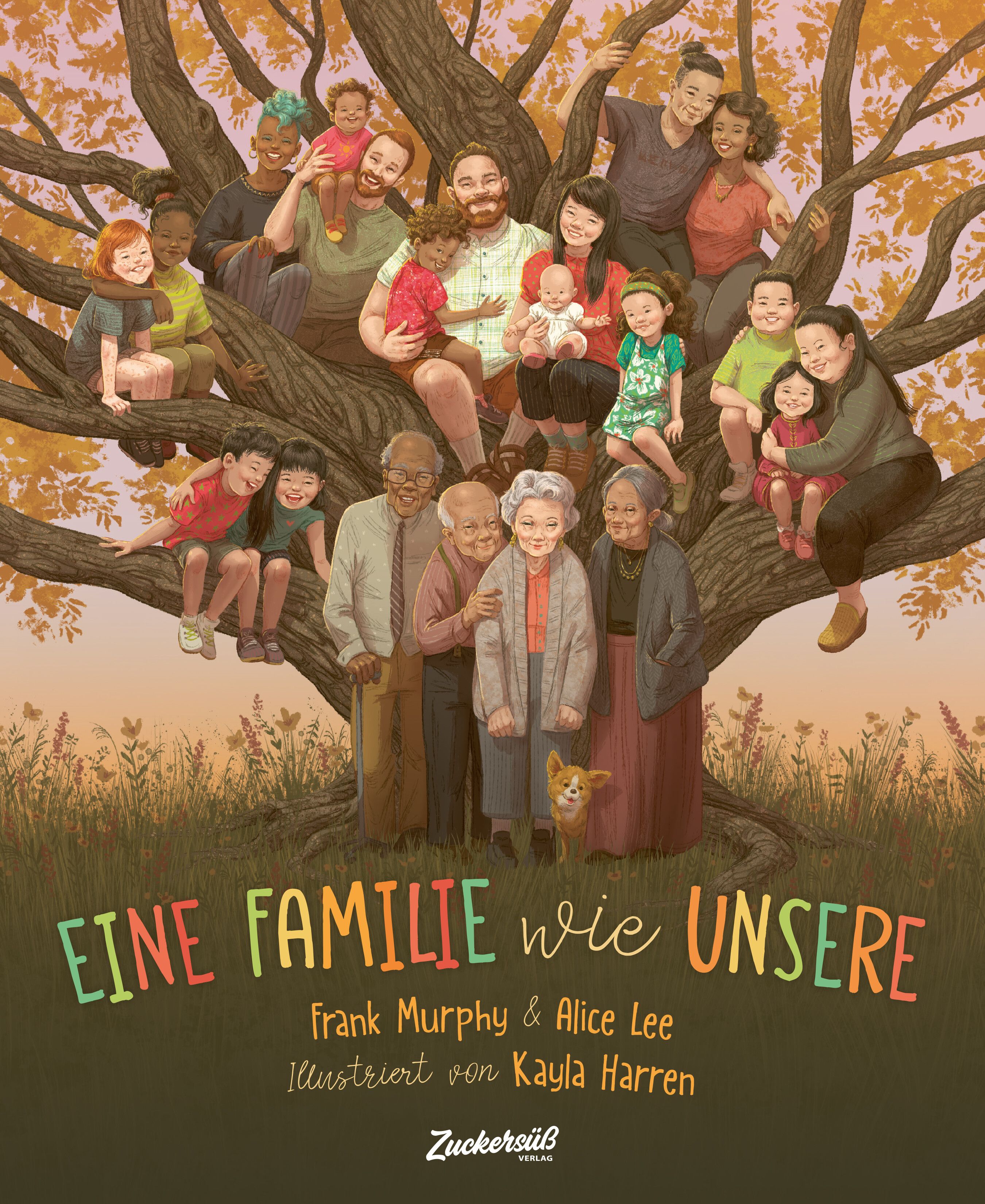 Buchcover mit Illustration einer Familie in einem Baum. Titel: Eine Familie wie unsere. Autoren: Frank Murphy & Alice Lee.