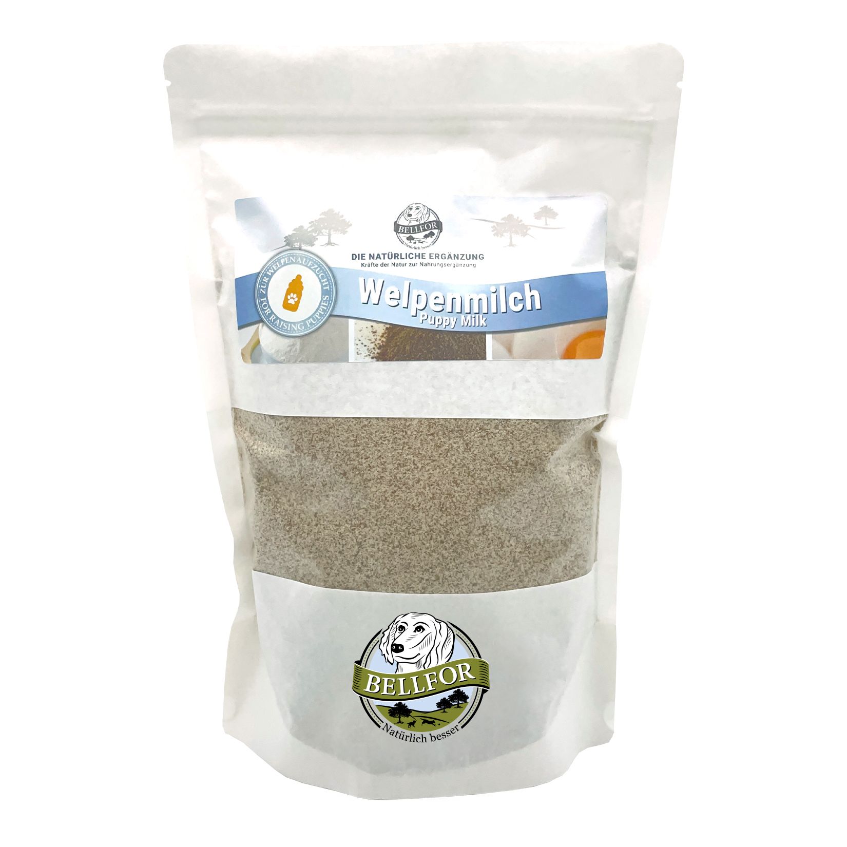 Produktverpackung: Beutel mit Welpenmilch-Pulver. Logo mit Hund, Text: Welpenmilch. Sichtbar: Pulver.