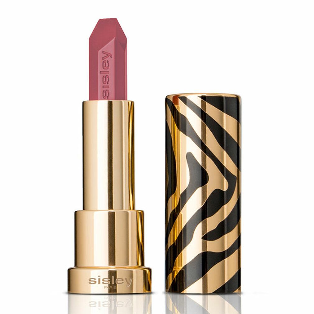 Goldfarbener Lippenstift mit geöffneter Hülse. Der Lippenstift ist rosa und trägt den Schriftzug "Sisley". Die Hülse hat ein Zebra-Muster.