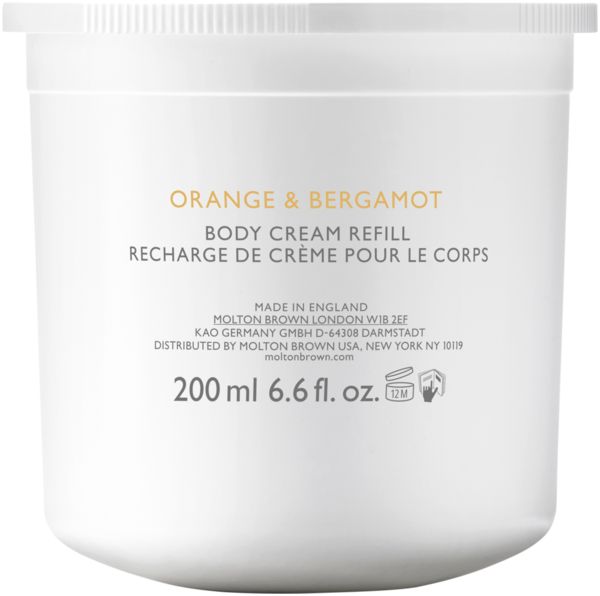 Weißer Behälter mit Orange & Bergamot Körpercreme Nachfüllung. Text und Logo. 200 ml.