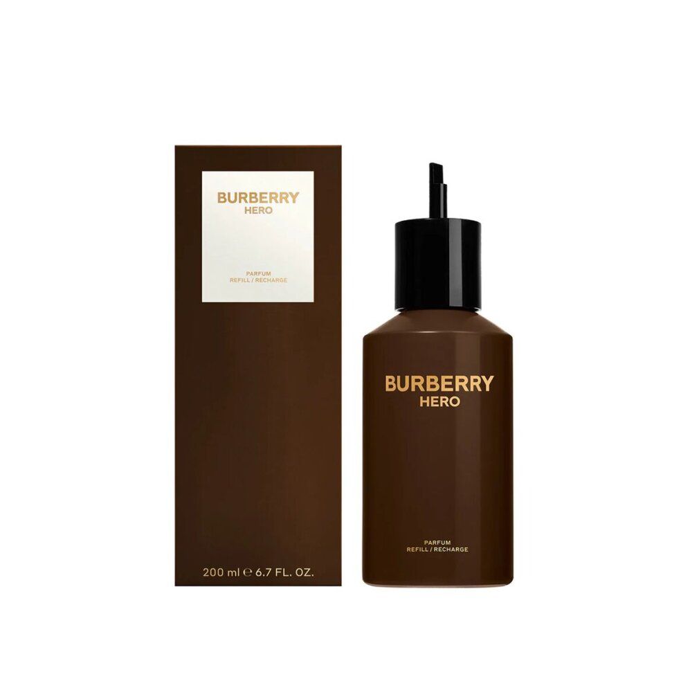 Burberry Hero Parfum Refill und Verpackung. Braune Flasche und Box. Schwarzer Deckel. Goldener Schriftzug.