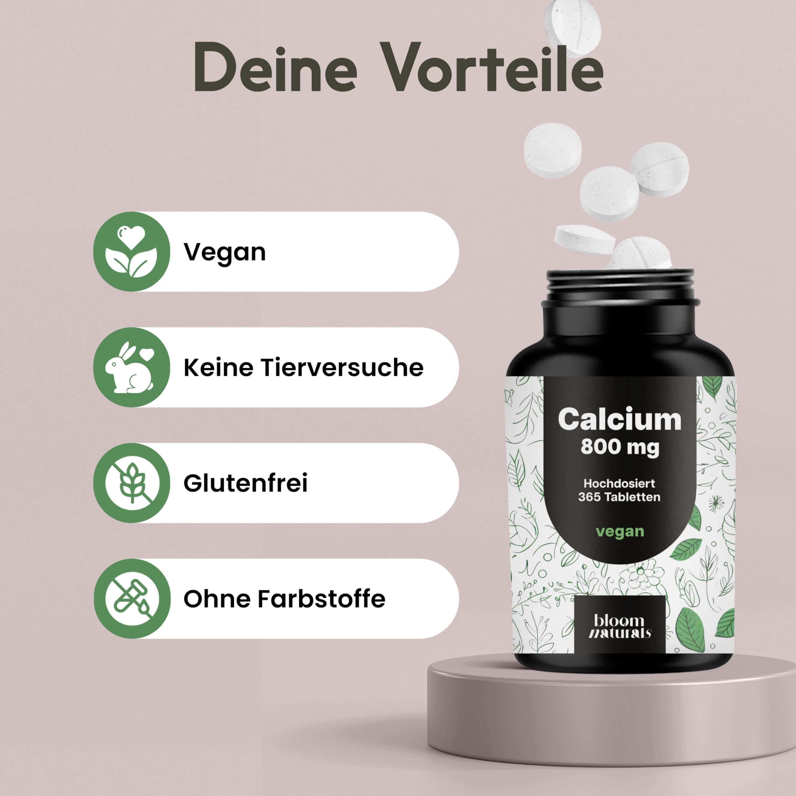 Flasche mit Tabletten, daneben Symbole: Vegan, keine Tierversuche, glutenfrei, ohne Farbstoffe. Text: "Calcium 800 mg".