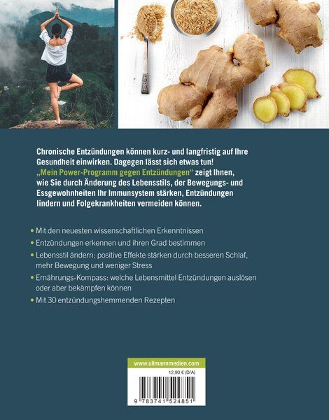 Rückseite des Buches "Mein Power-Programm gegen Entzündungen". Text, Ingwer, Frau beim Yoga.